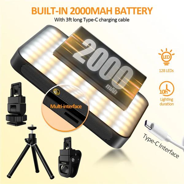 LED Selfie Light Phone Fill Light 128 LED 3000Mah Rechargeable Portable Video Light for Tiktok Vlog Video Conference Selfie
