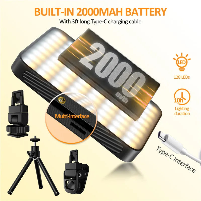 LED Selfie Light Phone Fill Light 128 LED 3000Mah Rechargeable Portable Video Light for Tiktok Vlog Video Conference Selfie